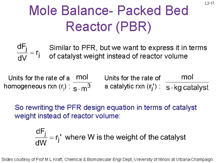 Mole Balance- Packed Bed Reactor (PBR) L 2 -17 Similar to PFR, but we