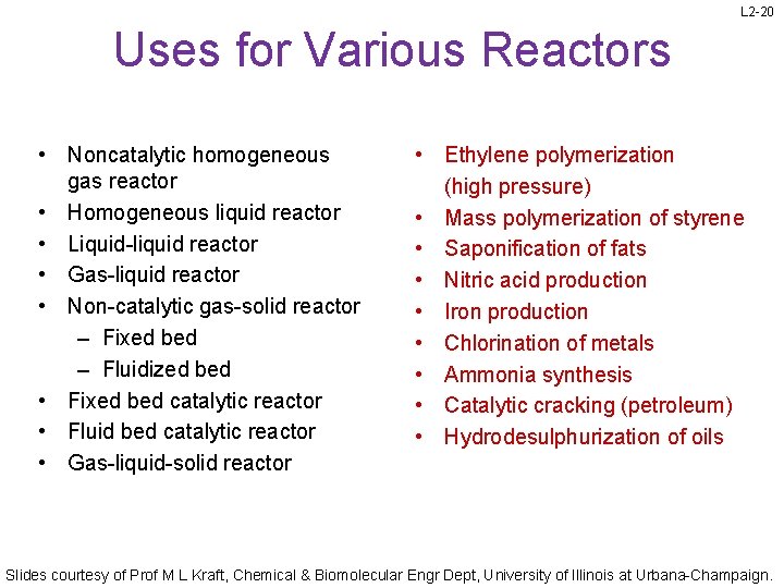 L 2 -20 Uses for Various Reactors • Noncatalytic homogeneous gas reactor • Homogeneous