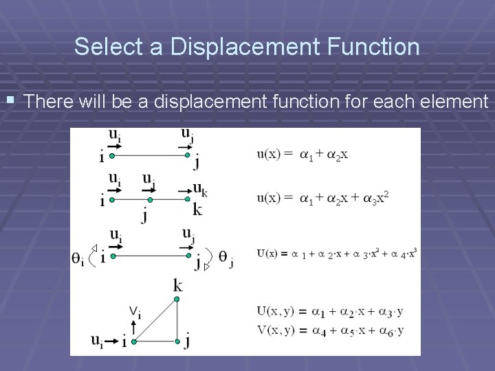 Select a Displacement Function § There will be a displacement function for each element