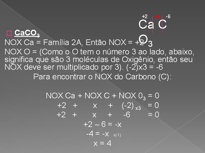 +2 +4 -6 Ca C � Ca. CO 3 NOX Ca = Família 2
