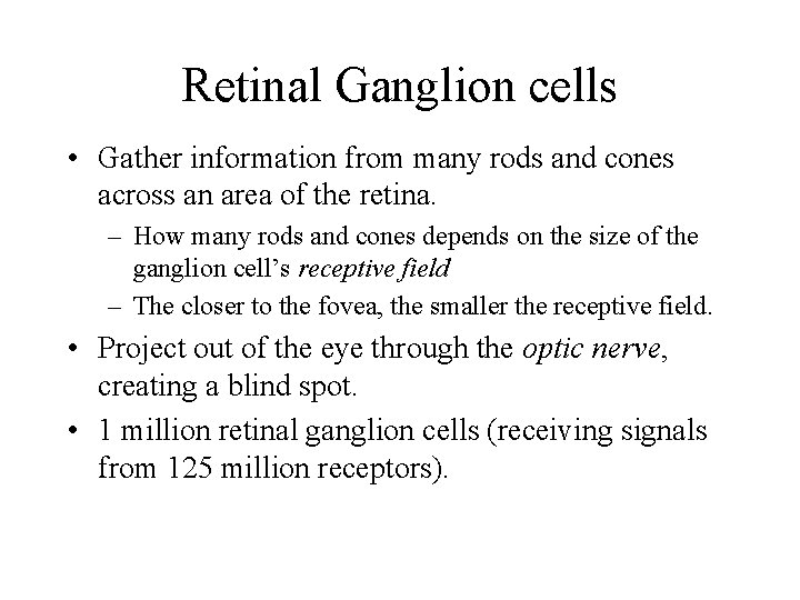 Retinal Ganglion cells • Gather information from many rods and cones across an area