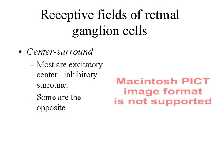 Receptive fields of retinal ganglion cells • Center-surround – Most are excitatory center, inhibitory