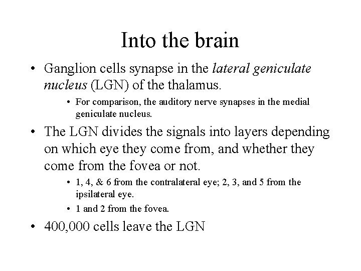 Into the brain • Ganglion cells synapse in the lateral geniculate nucleus (LGN) of