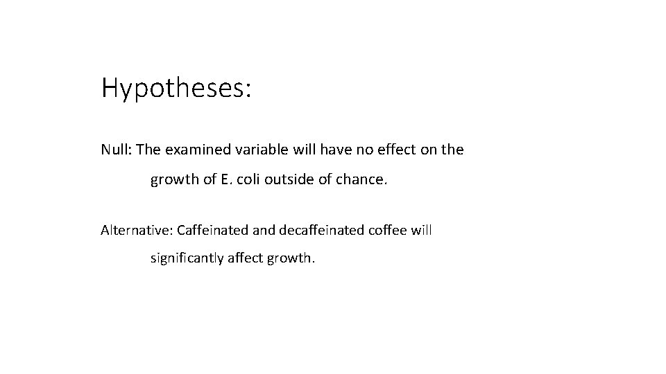 Hypotheses: Null: The examined variable will have no effect on the growth of E.