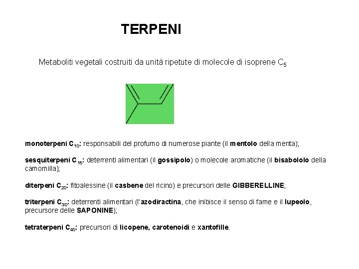 TERPENI Metaboliti vegetali costruiti da unità ripetute di molecole di isoprene C 5 monoterpeni