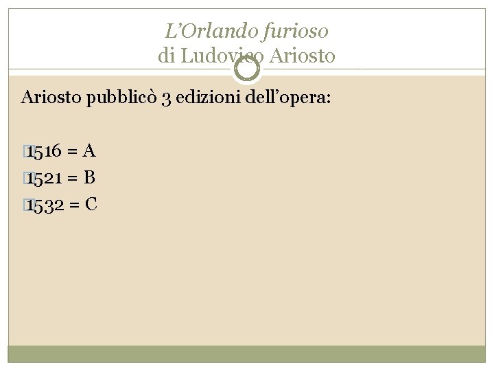 L’Orlando furioso di Ludovico Ariosto pubblicò 3 edizioni dell’opera: � 1516 = A �