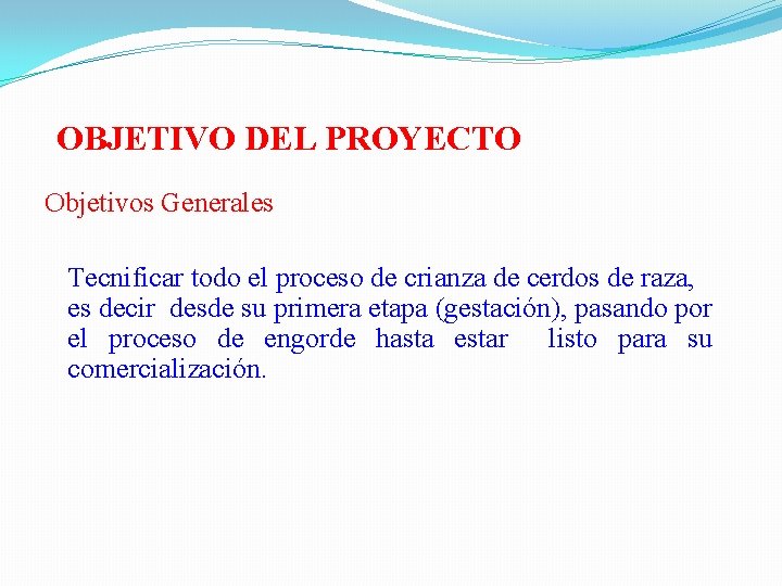  OBJETIVO DEL PROYECTO Objetivos Generales Tecnificar todo el proceso de crianza de cerdos