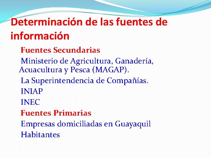 Determinación de las fuentes de información Fuentes Secundarias Ministerio de Agricultura, Ganadería, Acuacultura y