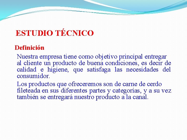  ESTUDIO TÉCNICO Definición Nuestra empresa tiene como objetivo principal entregar al cliente un