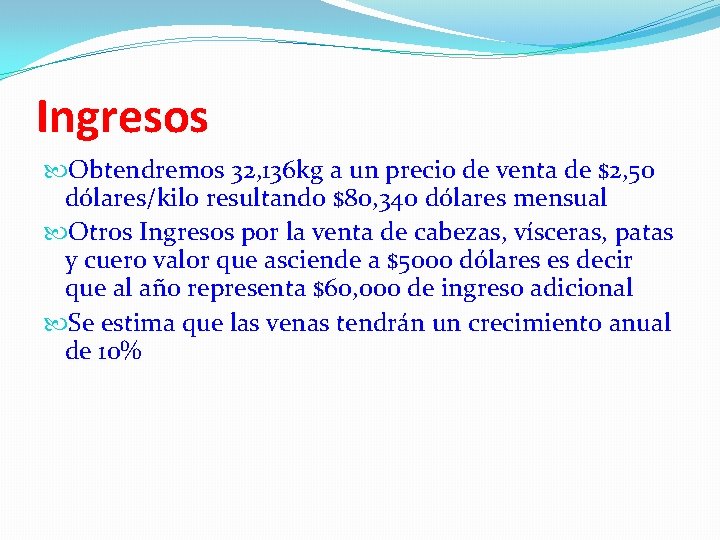 Ingresos Obtendremos 32, 136 kg a un precio de venta de $2, 50 dólares/kilo