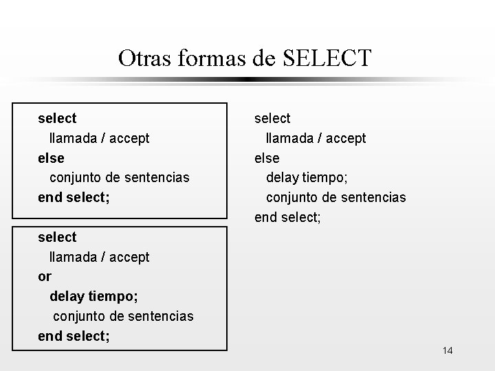 Otras formas de SELECT select llamada / accept else conjunto de sentencias end select;