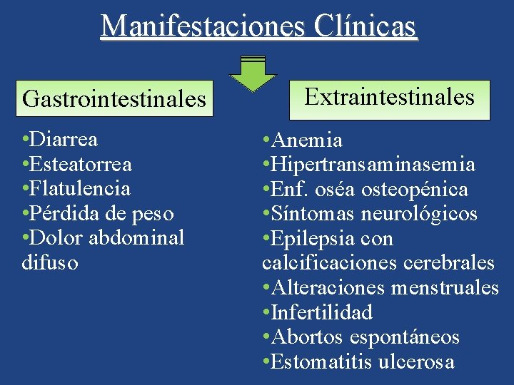 Manifestaciones Clínicas Gastrointestinales • Diarrea • Esteatorrea • Flatulencia • Pérdida de peso •