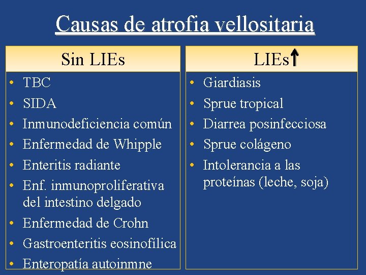 Causas de atrofia vellositaria Sin LIEs • • • TBC SIDA Inmunodeficiencia común Enfermedad