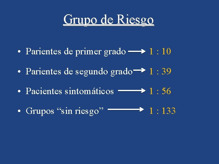 Grupo de Riesgo • Parientes de primer grado 1 : 10 • Parientes de