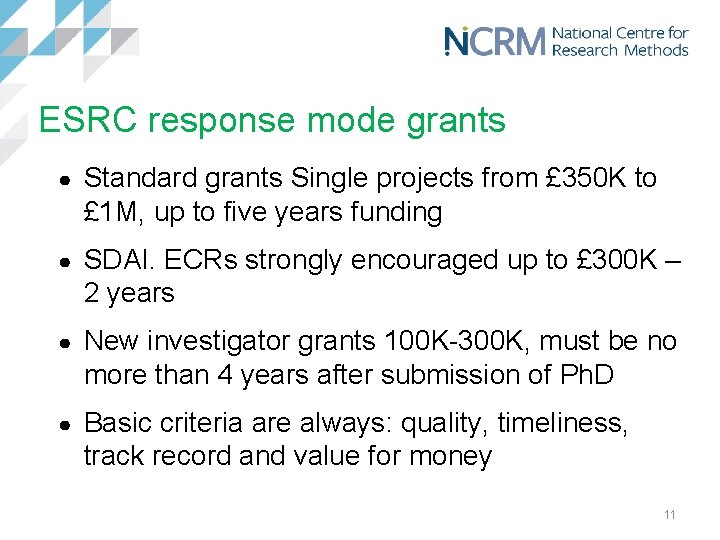 ESRC response mode grants ● Standard grants Single projects from £ 350 K to