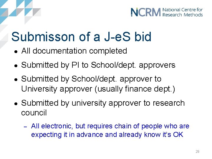 Submisson of a J-e. S bid ● All documentation completed ● Submitted by PI