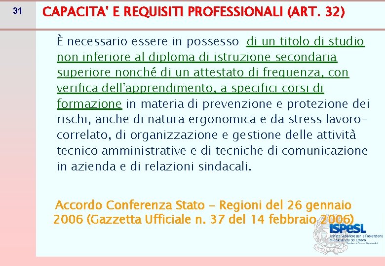 31 CAPACITA' E REQUISITI PROFESSIONALI (ART. 32) È necessario essere in possesso di un