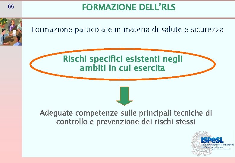 65 FORMAZIONE DELL’RLS Formazione particolare in materia di salute e sicurezza Rischi specifici esistenti 65 FORMAZIONE DELL’RLS Formazione particolare in materia di salute e sicurezza Rischi specifici esistenti