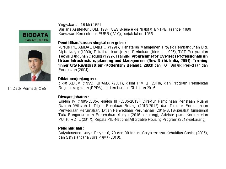 BIODATA NARASUMBER Ir. Dedy Permadi, CES Yogyakarta , 16 Mei 1961 Sarjana Arsitektur UGM,