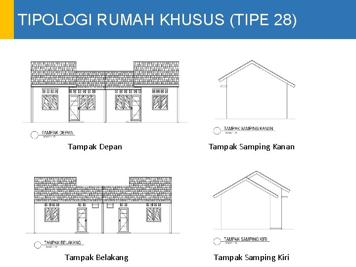 TIPOLOGI RUMAH KHUSUS (TIPE 28) Tampak Depan Tampak Samping Kanan Tampak Belakang Tampak Samping