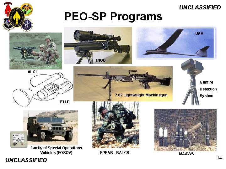 PEO-SP Programs UNCLASSIFIED UAV INOD ALGL Gunfire Detection 7. 62 Lightweight Machinegun System PTLD