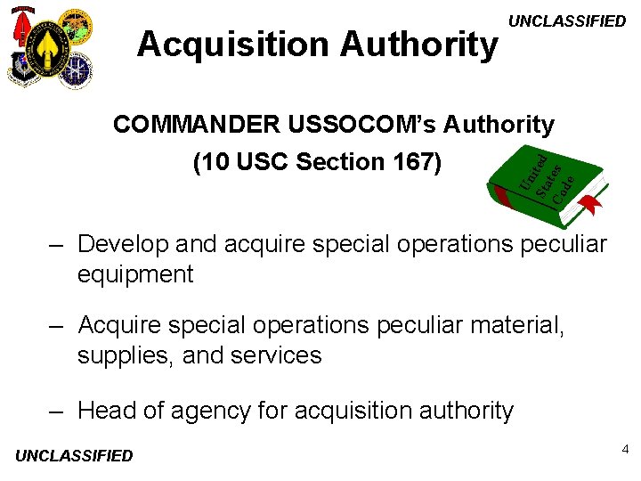 Acquisition Authority UNCLASSIFIED (10 USC Section 167) Un Sta ited Co tes de COMMANDER