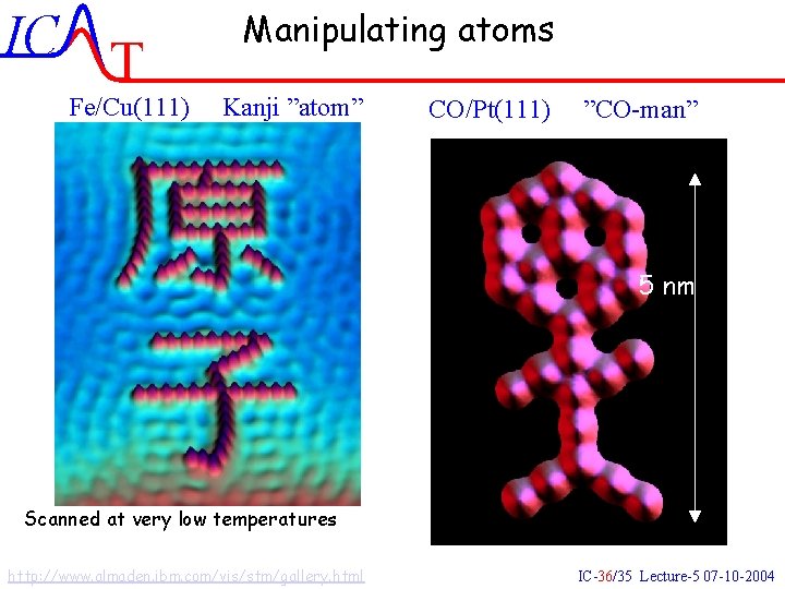 IC T Manipulating atoms Fe/Cu(111) Kanji ”atom” CO/Pt(111) ”CO-man” 5 nm Scanned at very IC T Manipulating atoms Fe/Cu(111) Kanji ”atom” CO/Pt(111) ”CO-man” 5 nm Scanned at very