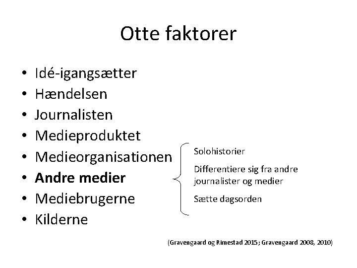 Otte faktorer • • Idé-igangsætter Hændelsen Journalisten Medieproduktet Medieorganisationen Andre medier Mediebrugerne Kilderne Solohistorier