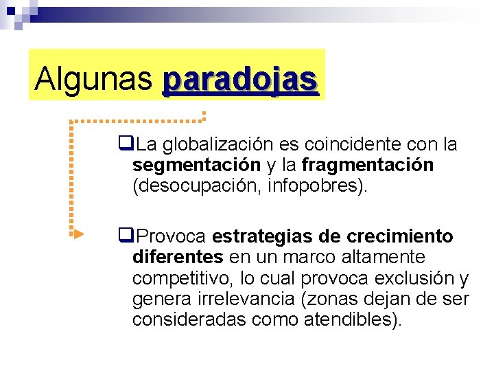 Algunas paradojas q. La globalización es coincidente con la segmentación y la fragmentación (desocupación,