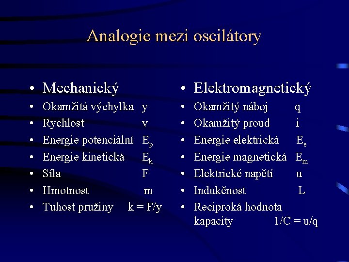 Analogie mezi oscilátory • Mechanický • Elektromagnetický • • • • Okamžitá výchylka y