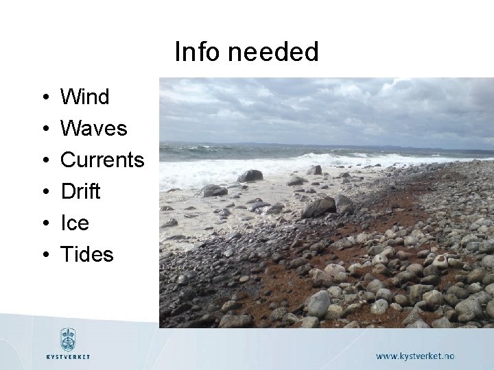 Info needed • • • Wind Waves Currents Drift Ice Tides 