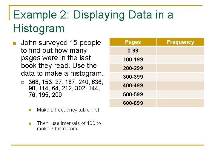 Example 2: Displaying Data in a Histogram n John surveyed 15 people to find