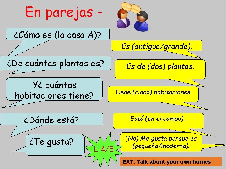 En parejas ¿Cómo es (la casa A)? Es (antigua/grande). ¿De cuántas plantas es? Y¿