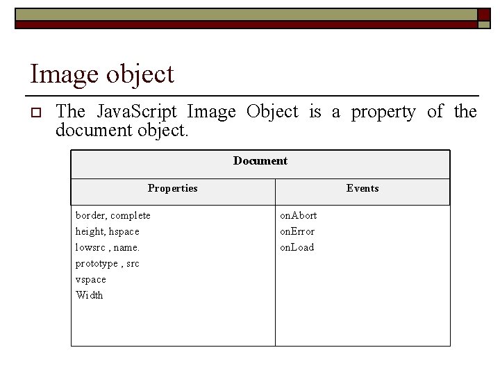 Image object o The Java. Script Image Object is a property of the document