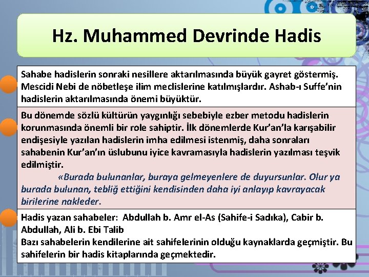 Hz. Muhammed Devrinde Hadis Sahabe hadislerin sonraki nesillere aktarılmasında büyük gayret göstermiş. Mescidi Nebi