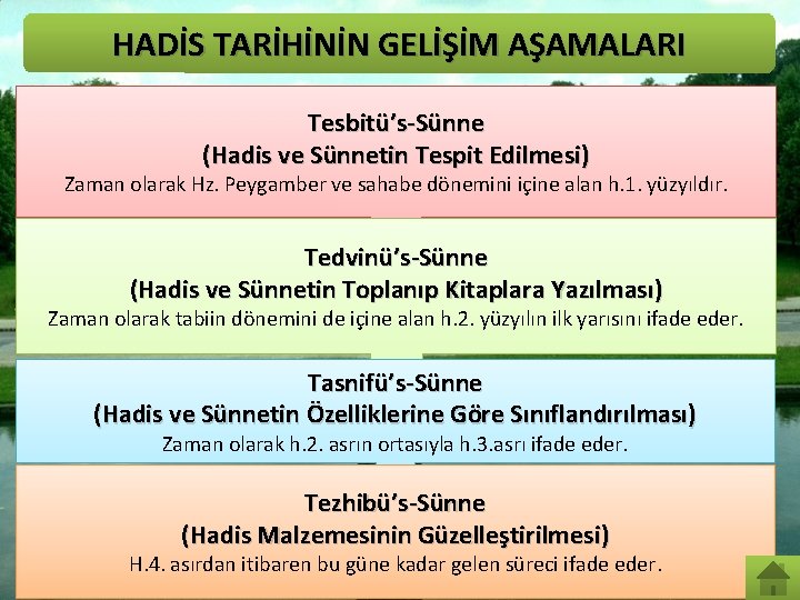 HADİS TARİHİNİN GELİŞİM AŞAMALARI Tesbitü’s-Sünne (Hadis ve Sünnetin Tespit Edilmesi) Zaman olarak Hz. Peygamber