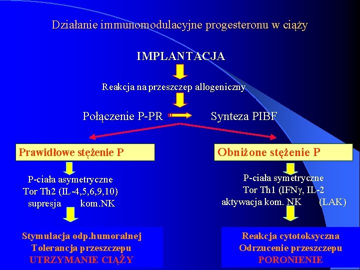 Działanie immunomodulacyjne progesteronu w ciąży IMPLANTACJA Reakcja na przeszczep allogeniczny Połączenie P-PR Synteza PIBF
