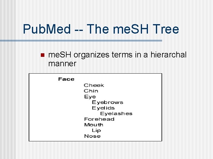 Pub. Med -- The me. SH Tree n me. SH organizes terms in a