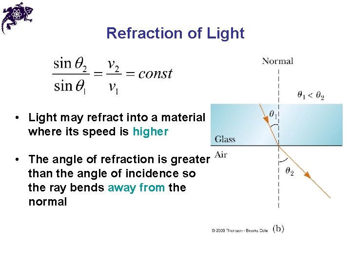 Refraction of Light • Light may refract into a material where its speed is