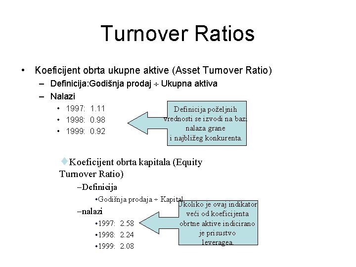 Turnover Ratios • Koeficijent obrta ukupne aktive (Asset Turnover Ratio) – Definicija: Godišnja prodaj