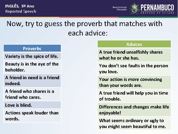 INGLÊS, 9º Ano Reported Speech Now, try to guess the proverb that matches with