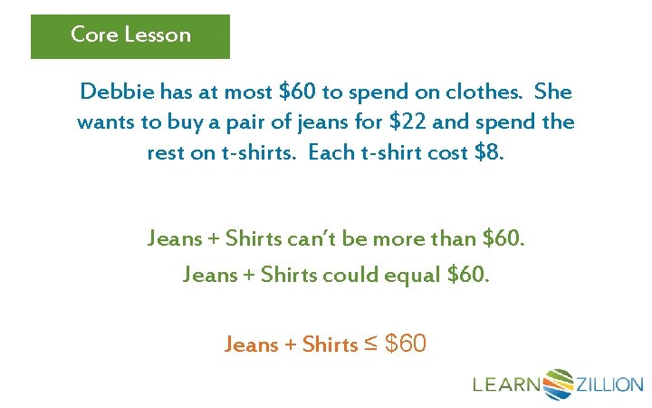 Core Lesson Debbie has at most $60 to spend on clothes. She wants to