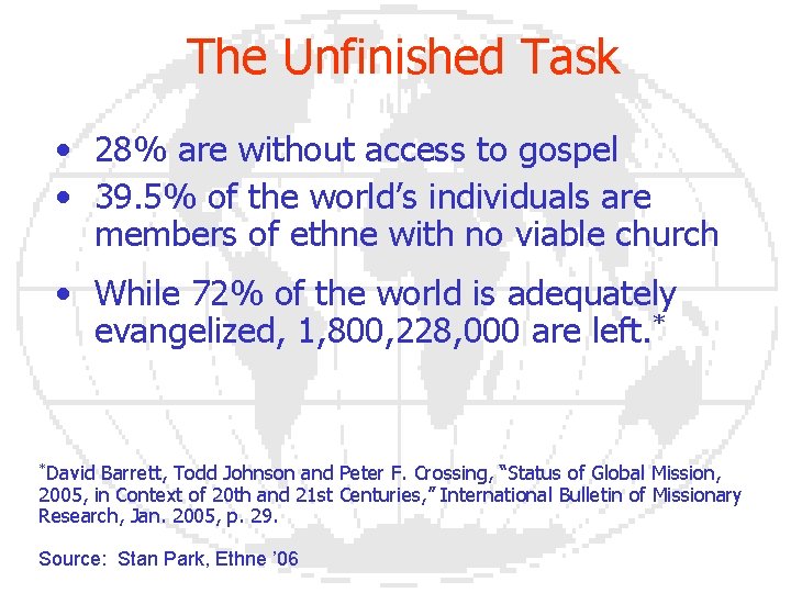 The Unfinished Task • 28% are without access to gospel • 39. 5% of