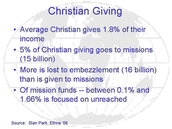 Christian Giving • Average Christian gives 1. 8% of their income • 5% of