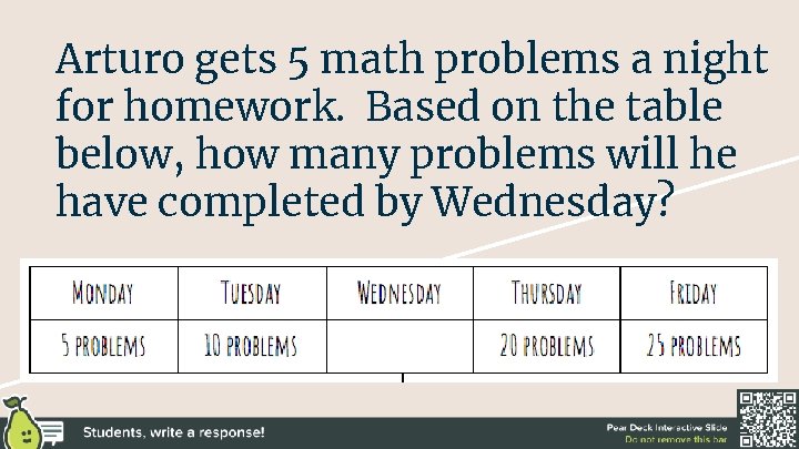 Arturo gets 5 math problems a night for homework. Based on the table below,