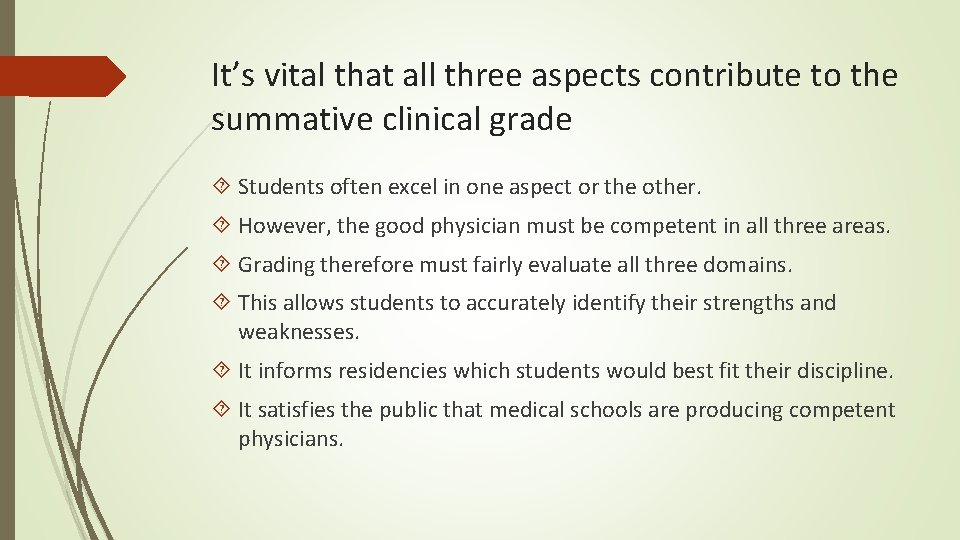 It’s vital that all three aspects contribute to the summative clinical grade Students often