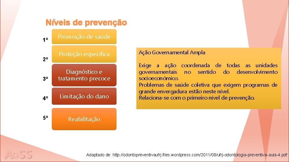 Níveis de prevenção 1º 2º ADss Promoção de saúde Proteção específica 3º Diagnóstico e