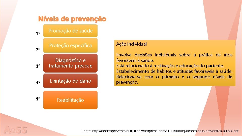 Níveis de prevenção 1º 2º ADss Promoção de saúde Proteção específica 3º Diagnóstico e