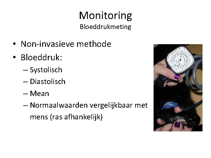 Monitoring Bloeddrukmeting • Non-invasieve methode • Bloeddruk: – Systolisch – Diastolisch – Mean –