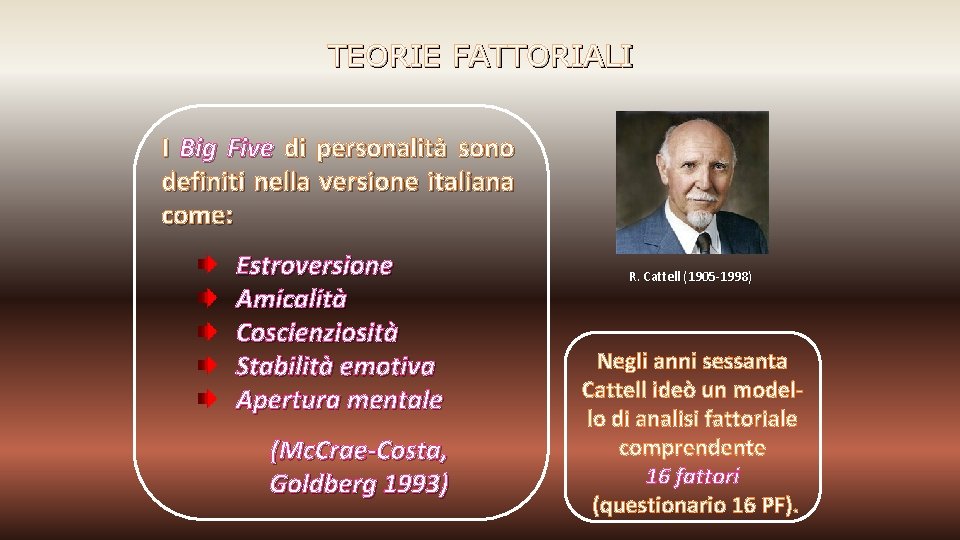 TEORIE FATTORIALI I Big Five di personalità sono definiti nella versione italiana come: Estroversione